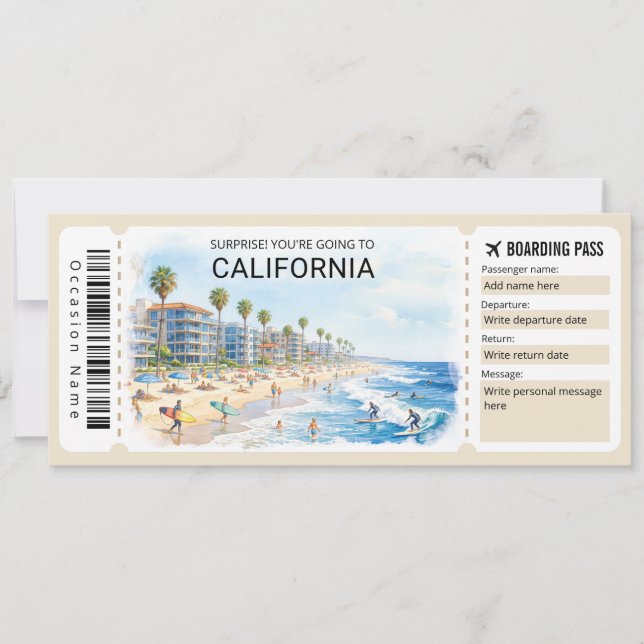 Invitation California Trip Boarding Pass Ticket (Devant)