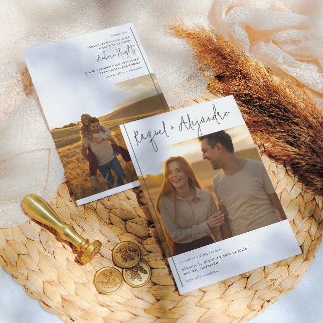 Invitation Caligrafía Boho Invitación de Boda con 2 Fotos (Créateur téléchargé)