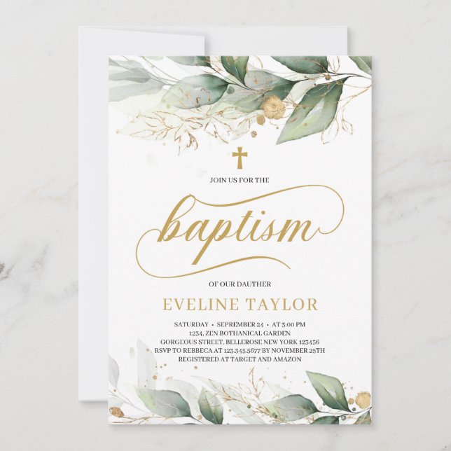 Invitation Caligraphie verdure eucalyptus feuilles d'or baptê (Devant)