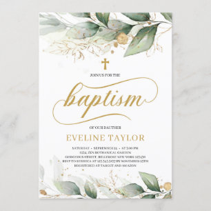 Invitation Caligraphie verdure eucalyptus feuilles d'or baptê
