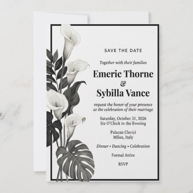 Invitation Calla Lilies Noirs et Blancs, Feuilles de Monstera (Devant)