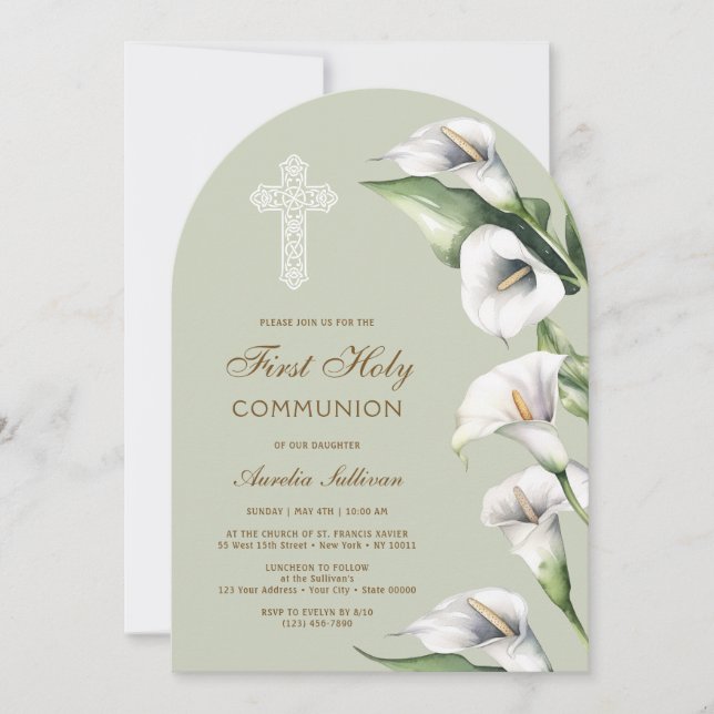 Invitation Calla Lilies on Sage Green Arch First Communion (Devant)
