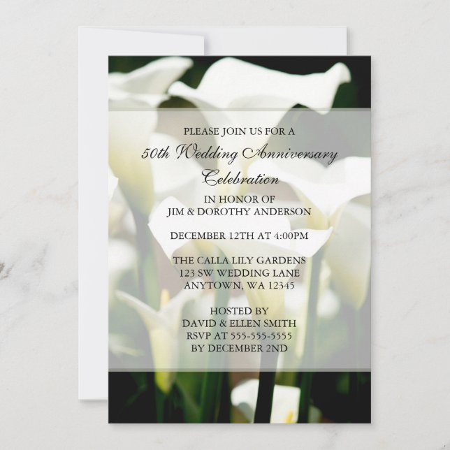 Invitation Calla Lily blanche élégante 50e anniversaire de ma (Devant)