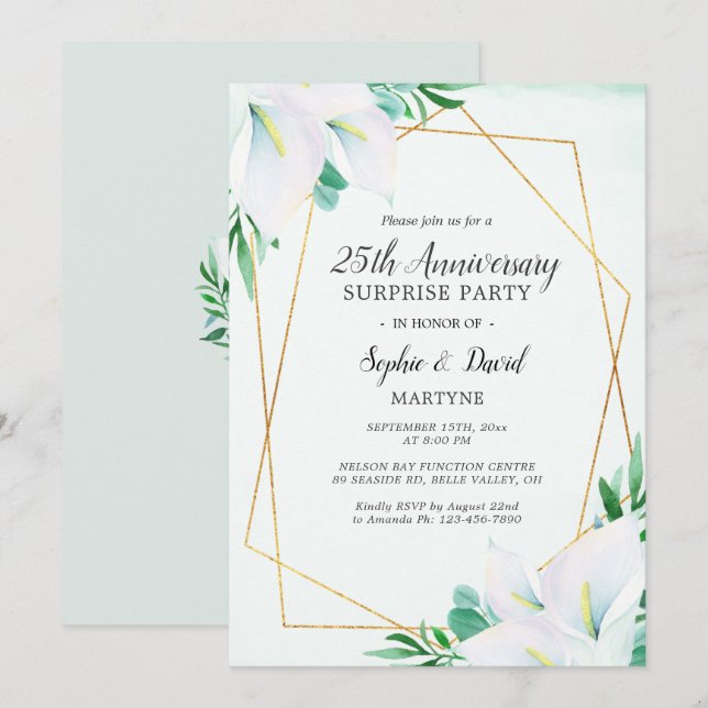 Invitation Calla Lily Blanche Géométrique 25e Anniversaire (Devant / Derrière)