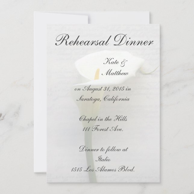 Invitation Calla lily sur un vieux dîner de répétition d'écri (Devant)