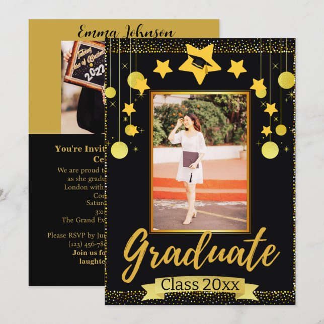 Invitation Calligraphe Gold & Black Vertical Photo Graduation (Devant / Derrière)