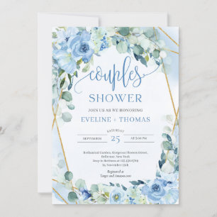 Invitation Calligraphie aquarelle bleu floral couples douche