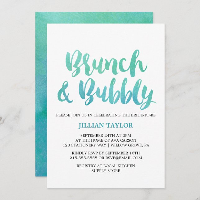 Invitation Calligraphie Aquarelle Destination Brunch & Bubbly (Devant / Derrière)