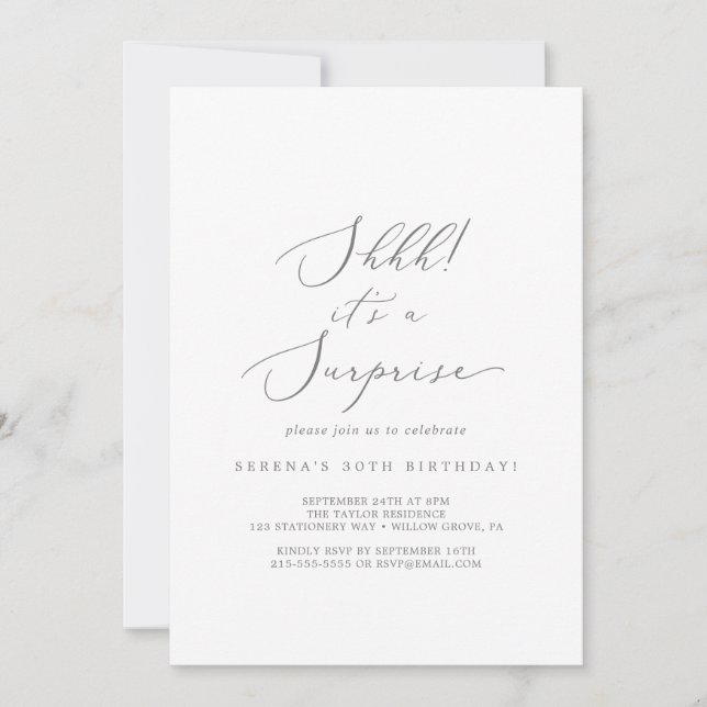 Invitation Calligraphie argentée délicate C'est une fête surp (Devant)