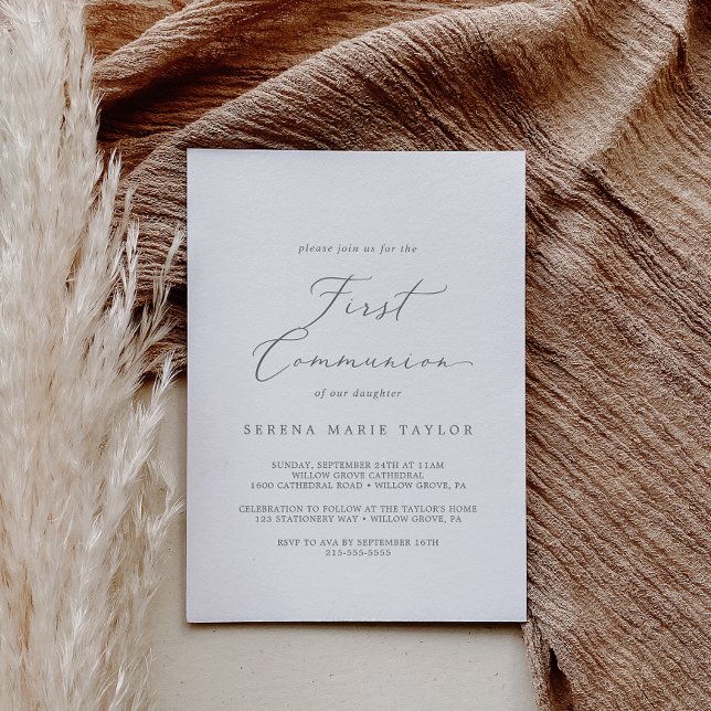Invitation Calligraphie argentée délicate Première communion (Créateur téléchargé)