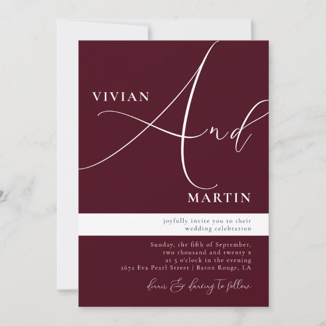 Invitation Calligraphie Big Bold "And" Burgundy Mariage (Devant)