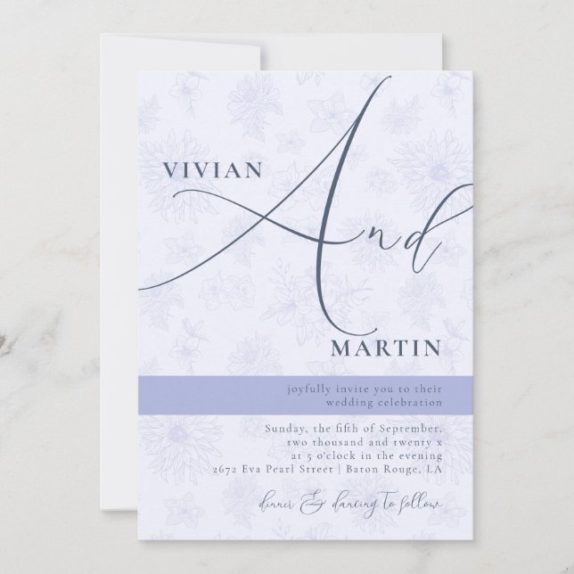 Invitation Calligraphie Big Bold "And" Dusty Blue Mariage (Devant)