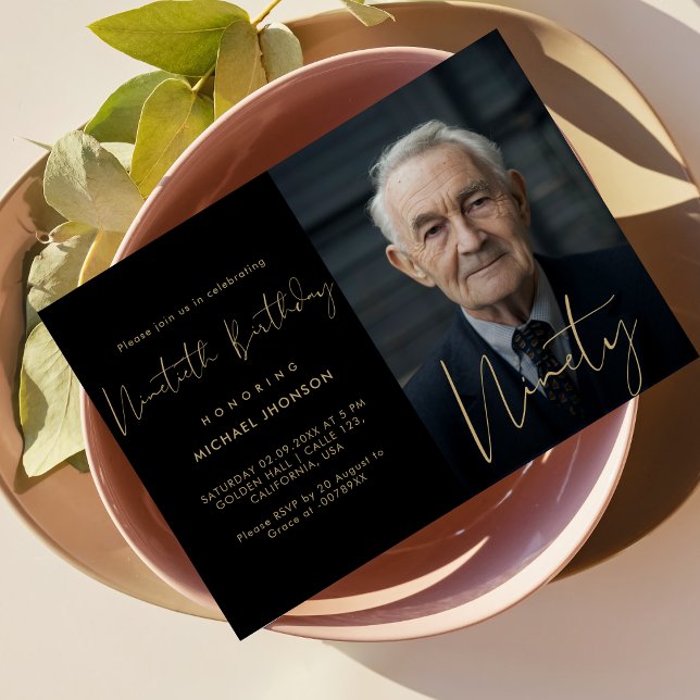 Invitation Calligraphie Black & Gold Ninetieth Photo Annivers (Créateur téléchargé)