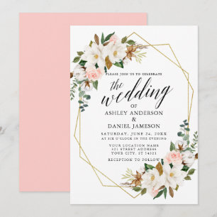 Invitation Calligraphie Blanc Magnolias Rose Mariage Or