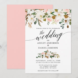 Invitation Calligraphie blanc Magnolias rose Roses Mariage