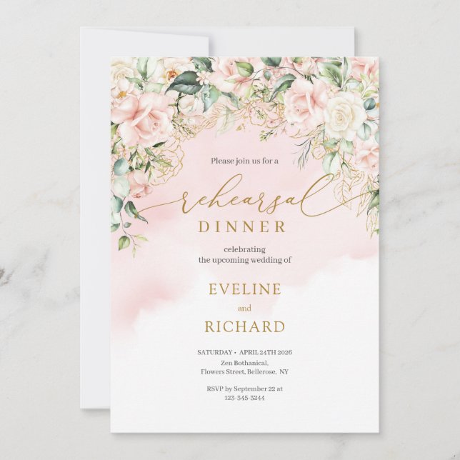Invitation Calligraphie blush rose eucalyptus or répétition (Devant)