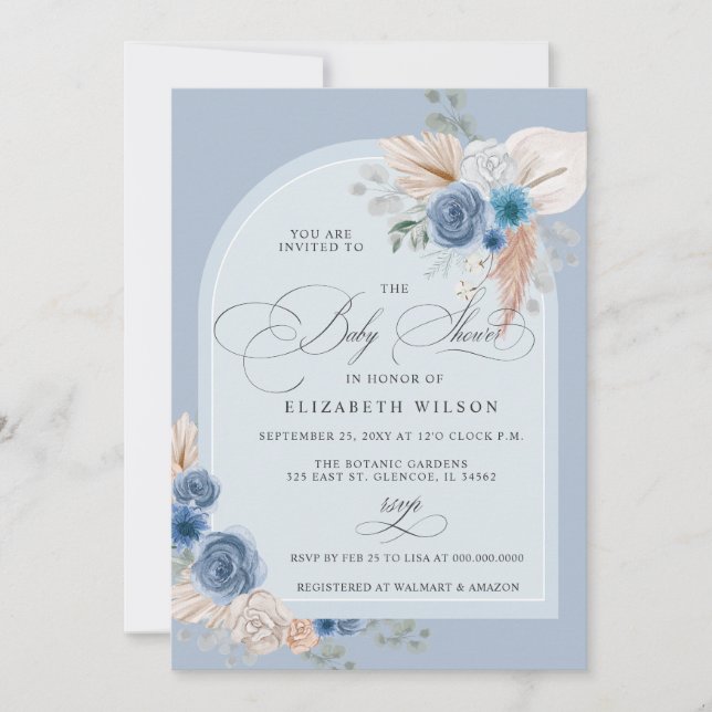 Invitation Calligraphie Boho Dusty Blue Pampas Baby shower (Devant)
