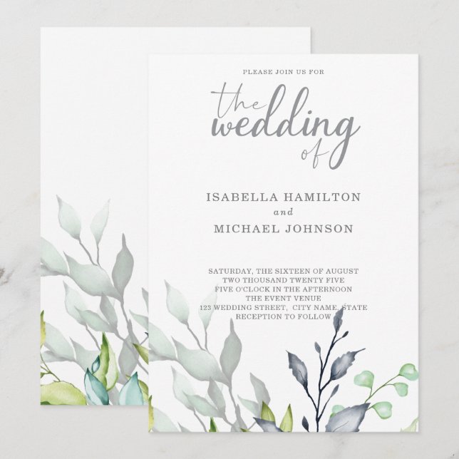 Invitation Calligraphie Botanique Mariage élégant (Devant / Derrière)