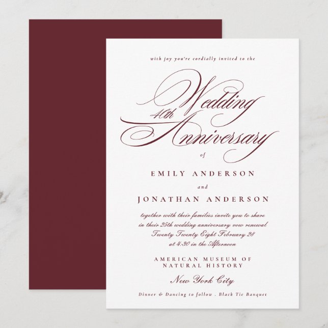 Invitation Calligraphie Bourgogne 40e Anniversaire de Mariage (Devant / Derrière)