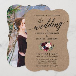 Invitation Calligraphie Bourgogne Bleu Floral Photo Kraft