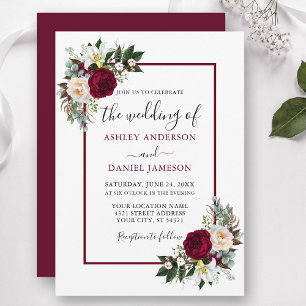Invitation Calligraphie Bourgogne Floral Mariage de cadre de