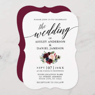 Invitation Calligraphie Burgundy Blue Floral Mariage