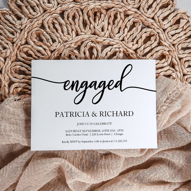 Invitation Calligraphie Chic Du Parti D'Engagement Noir Et Bl (Créateur téléchargé)