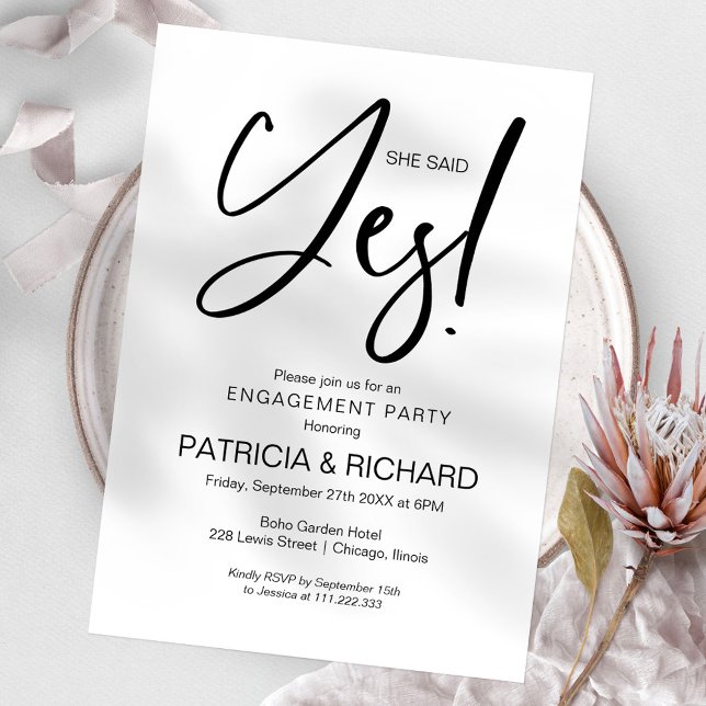 Invitation Calligraphie Chic Elle a Dit Oui Fête de Fiançaill (Créateur téléchargé)