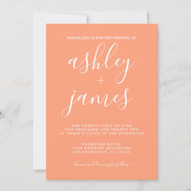 Invitation Calligraphie Chic Simple Cantaloupe Mariage orange (Devant)