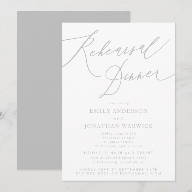 Invitation Calligraphie Clair Gris Classique Mariage Répétiti (Devant / Derrière)
