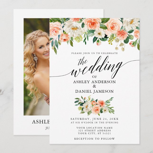 Invitation Calligraphie Coral Floral Mariage photo (Devant / Derrière)
