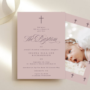 Invitation Calligraphie Croix violette Taupe Photo Baptême