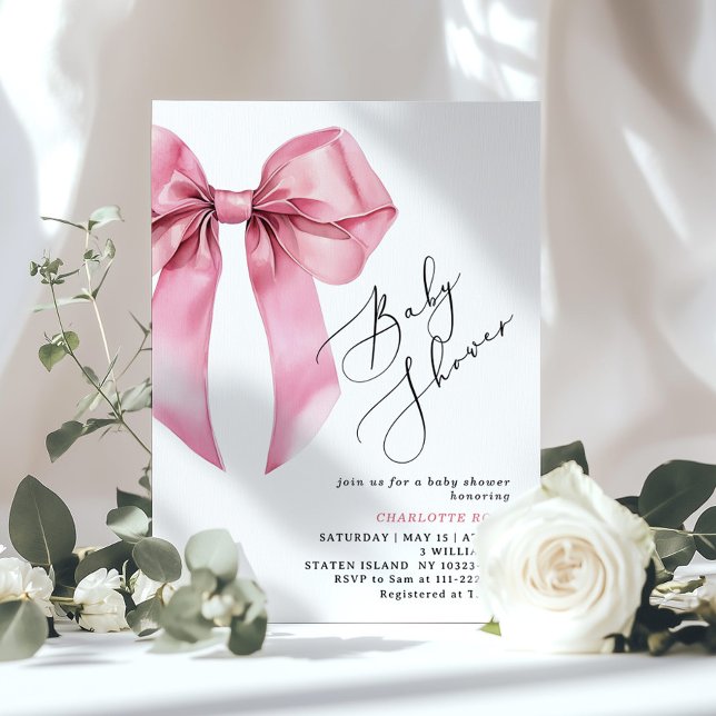 Invitation Calligraphie de Bow rose Baby shower Coquette (Créateur téléchargé)