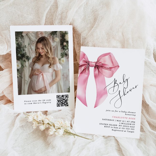 Invitation Calligraphie de Bow rose Photo Code QR Baby shower (Créateur téléchargé)
