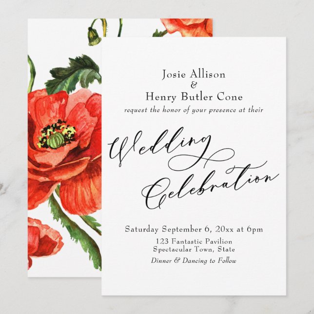 Invitation Calligraphie de célébration de mariage, Pavots rou (Devant / Derrière)