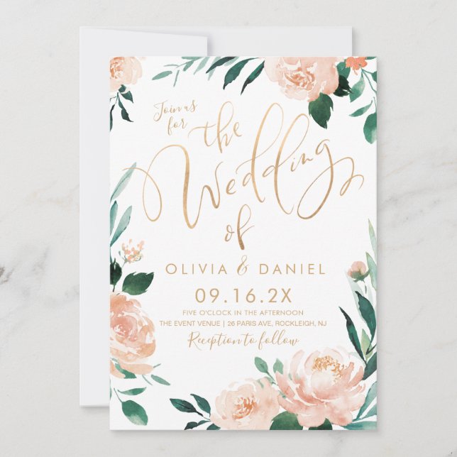 Invitation Calligraphie de jardin romantique pêche mariage fl (Devant)