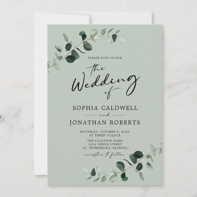 Invitation Calligraphie de l'eucalyptus en un seul Mariage (Devant)