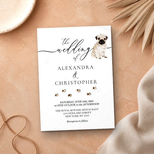 Invitation Calligraphie de mariage de chiot Pug (Créateur téléchargé)