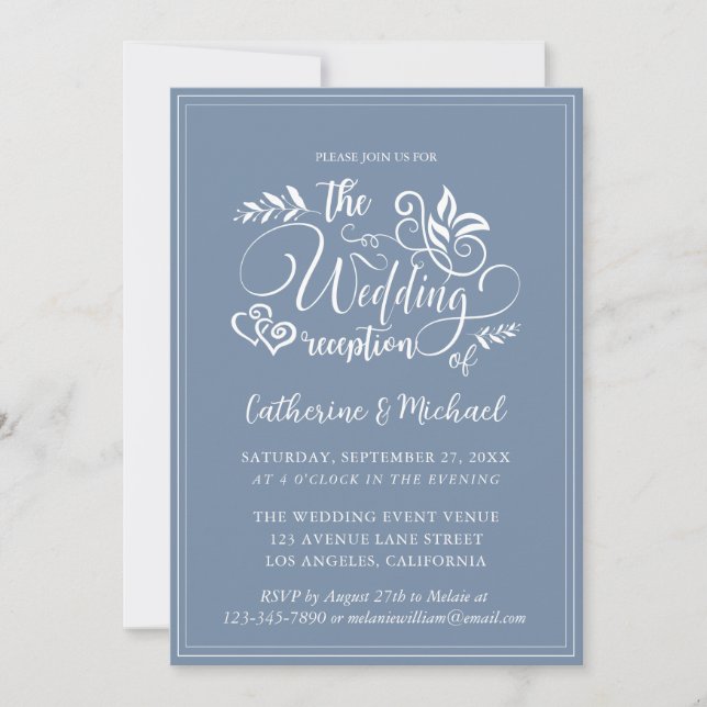 Invitation Calligraphie de Mariage décoratif bleu-outeux (Devant)