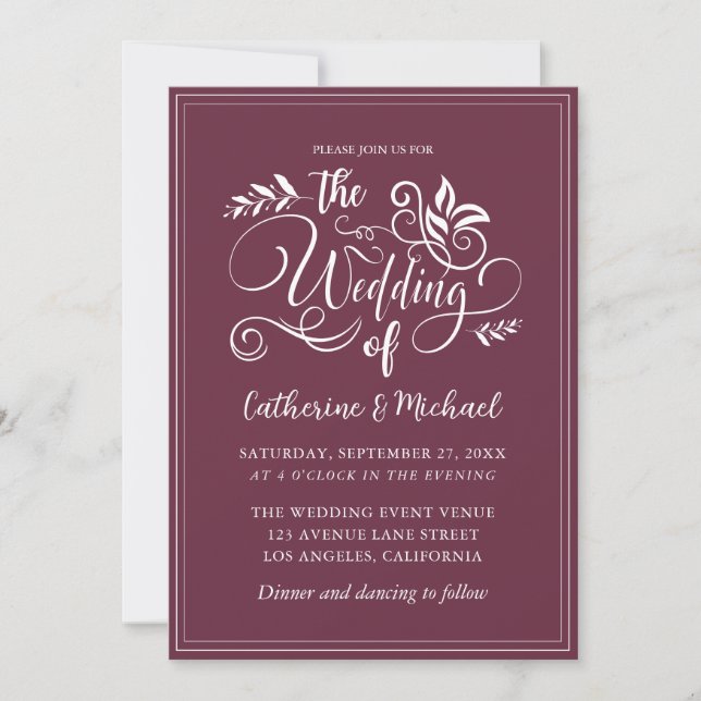 Invitation Calligraphie de mariage décorative Pervenche (Devant)