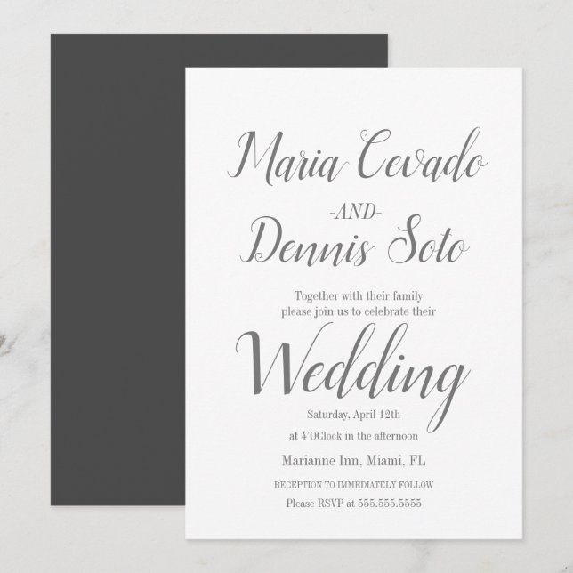 Invitation Calligraphie de mariage simple lettrage gris (Devant / Derrière)