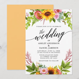 Invitation Calligraphie de mariage Tournesol Boho Floral