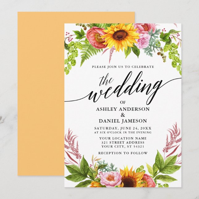 Invitation Calligraphie de mariage Tournesol Boho Floral (Devant / Derrière)