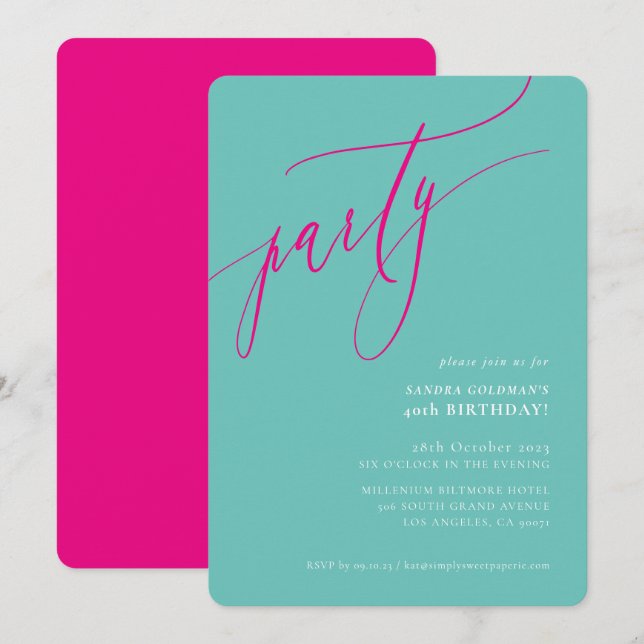 Invitation calligraphie de PARTIE style minimal fun mint rose (Devant / Derrière)