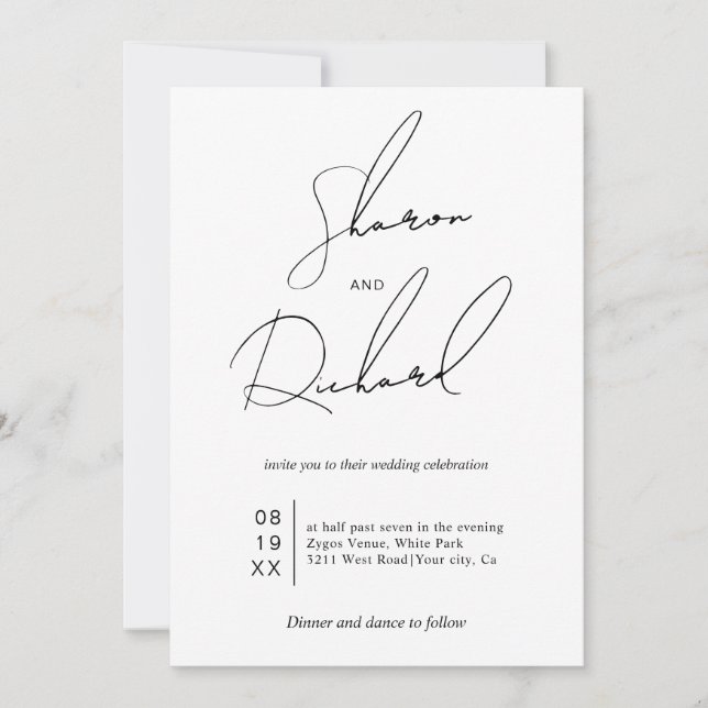 Invitation Calligraphie de script moderne noir blanc mariage  (Devant)