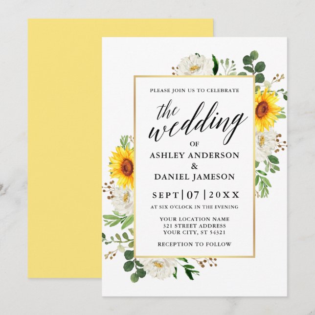 Invitation Calligraphie de tournesol Mariage floral blanc (Devant / Derrière)