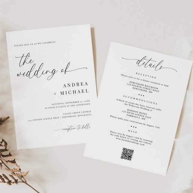 Invitation Calligraphie délicate tout en un Mariage moderne (Delicate Calligraphy Wedding Invitation with Details on Back - Simple Modern All in One Invitation)