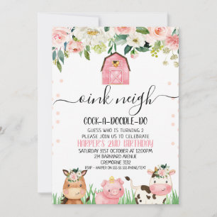 Invitation Calligraphie des animaux de ferme rose