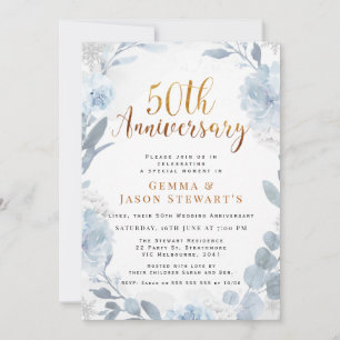 Invitation Calligraphie d'or bleu 50e anniversaire du Mariage