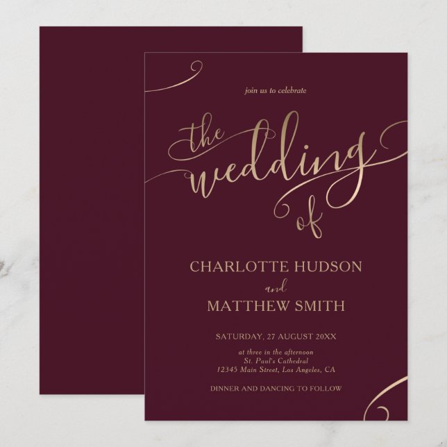 Invitation Calligraphie d'or | Bourgogne (Devant / Derrière)
